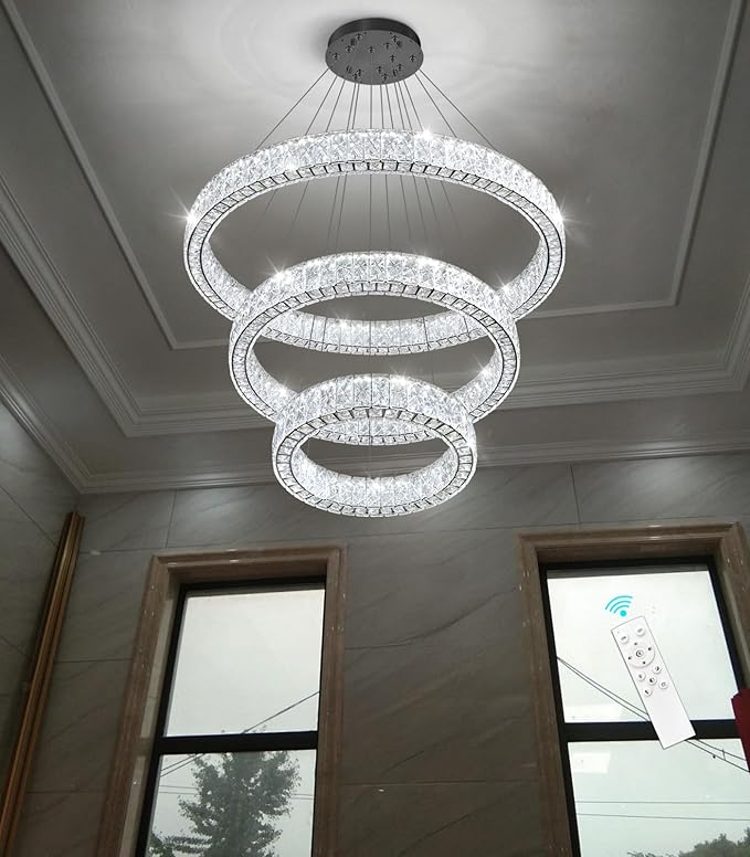 HAIXIANG LED Light Chandelier for Dining Room Modern Dimmable High Ceiling Ring Chanderliers Entryway Crystal Pendant Lights Entryway Foyer Living Room Black Lighting 55W LEDs