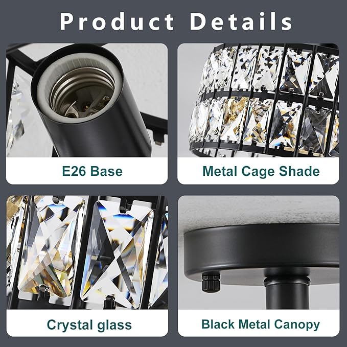 Modern Semi Flush Mount Ceiling Light, Black Ceiling Light Fixtures, 11.8inch 3-Light Crystal Chandelier for Bedroom, Hallway Light Fixture Ceiling Mount for Kitchen
