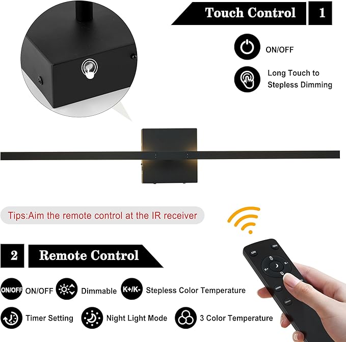KARTOOSH 28.3 Inch Battery Operated Wireless Wall Sconce, 360° Rotatable Detachable Modern Wall Lamp with Remote Control Stepless Dimmable 3000K-6000K LED Light for Bedroom, Living Room Gallery Black