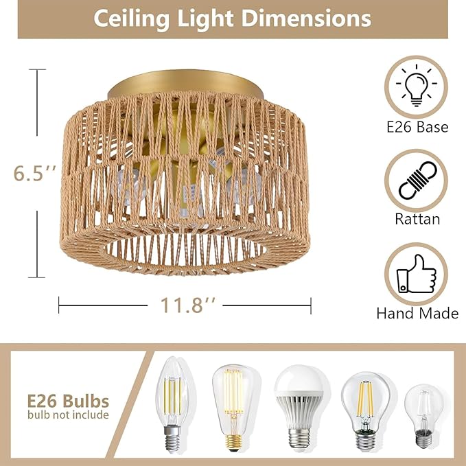 Boho 3-Light Farmhouse Rattan Ceiling Light, Gold Flush Mount with Hand-Woven Shade, Modern Chandelier for Living, Bedroom, Entryway, Kitchen Isalnd