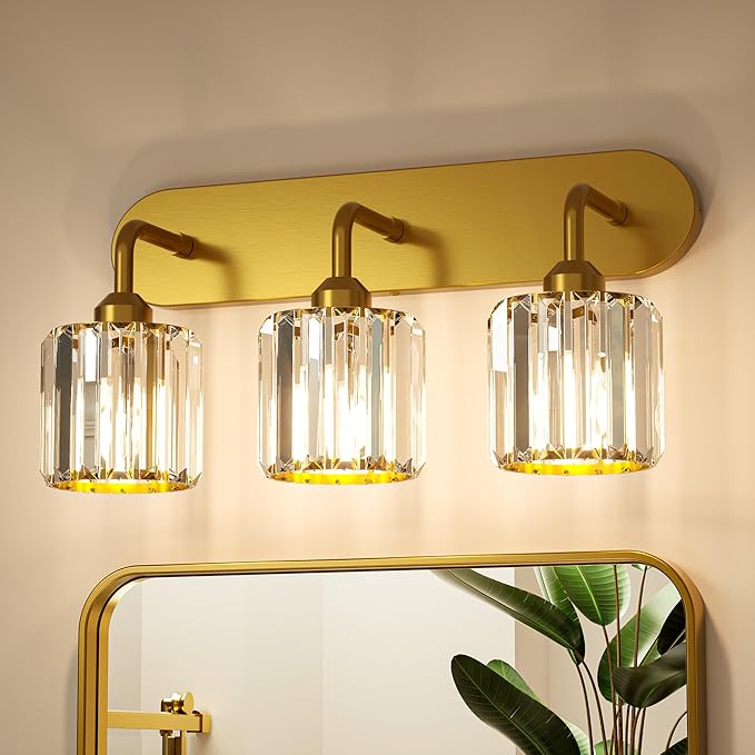 Keonjinn 3-Light Gold Bathroom Light Fixtures, Crystal Bathroom Vanity Lights Over Mirror, Gold Vanity Lighting Fixtures with Crystal Square Shades (E26 Base, Blub Not Included)