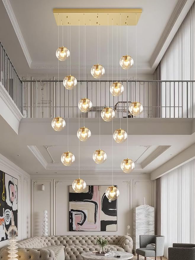 ykolupty Glass Chandelier LED Modern Gold Pendant Light Globe Ceiling Light 16-Lights Glass Ball Chandeliers for Staircase Living Room Hotel Hallway Foyer Entryway (16 Lights-Rectangle Chandeliers)