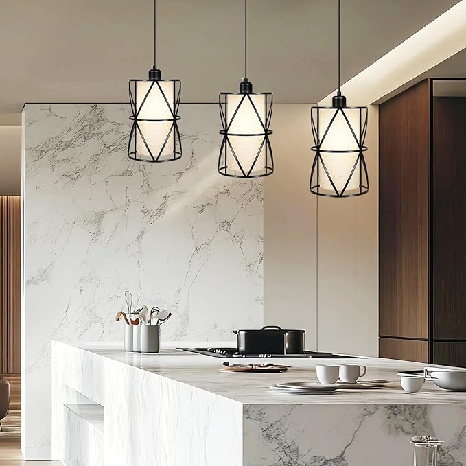 Matte Black Pendant Light, Adjustable Height Island Lights for Kitchen with Linen Shade, Modern Kitchen Pendant Lighting Over Island, Dining Room, and Living Room