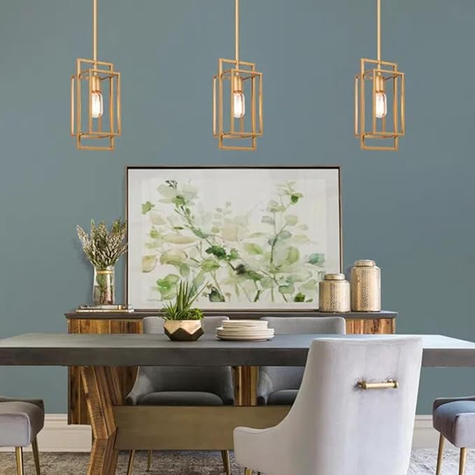 KSANA Antique Gold Pendant Lighting, Modern Golden Geometric Cage Hanging Light Fixture for Kitchen Island, Foyer, Dining Room and Hallway