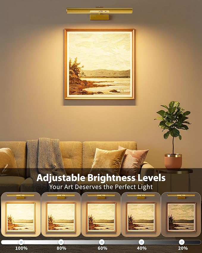 Skairipa Picture Light for Wall, 6000mAh Rechargeable Wireless Wall Lights Remote, 13'' Dimmable LED Art Painting Light with 3 Color Temps, Display for Gallery, Living Room, Hallway (Gold, 1Pack)