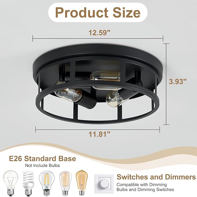 2 Pack Farmhouse Flush Mount Ceiling Lights,3-Light Black Hallway Light fixtures,Rustic Semi Flush Mount Lighting for Kitchen Dining Room Entryway Hall,E26 Base