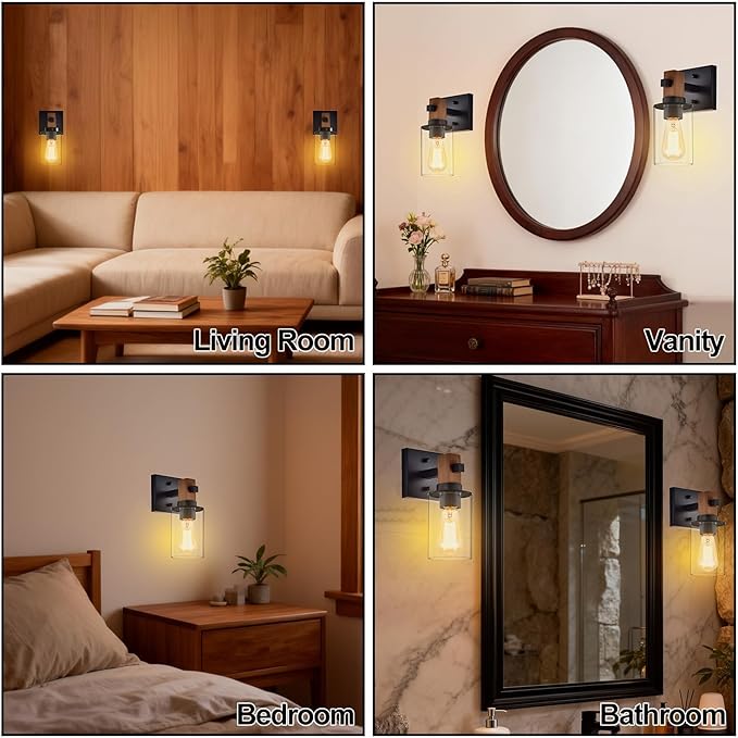 Rustic Wall Sconces Set of 2,Hardwired 1-Light Wood Farmhouse Sconce with Clear Glass Cylinder Shade,Matte Black Metal Wall Light,E26 Indoor Bathroom Vanity Fixture for Mirror,Bedroom,Hallway