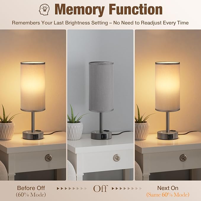 Touch Bedside Table Lamp with Memory - Stepless Dimmable Lamp for Bedroom, Small Nightstand Lamp with Dual USB Charging Ports and AC Outlet, Wood Night Light, Deak Lamp for Nursery (Grey & Grey)