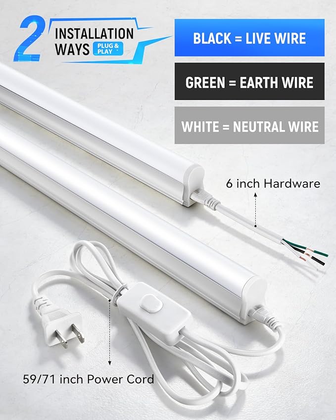 (2 Pack 4FT T5 LED Shop Light,6500K,20W,2300LM(Super Bright White) Linkable LED Integrated Fixture,Garage Ceiling and Cabinet Light,Strip Light,Corded Electric with ON/Off Switch