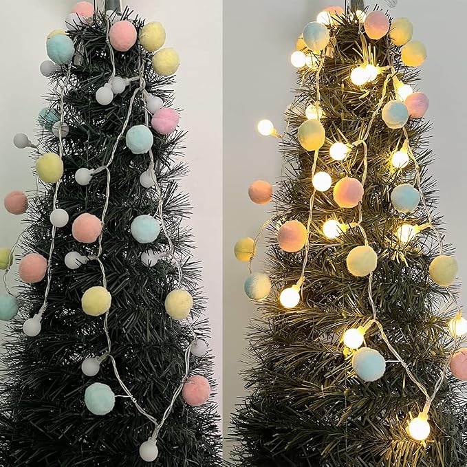 ChiRee Indoor String Lights 6.56 Feet Pom Poms Fairy 20 LED Battery Operated Ball Warm White Globe Colorful Decor for Home Bedroom Kids Playhouse Holiday Christmas