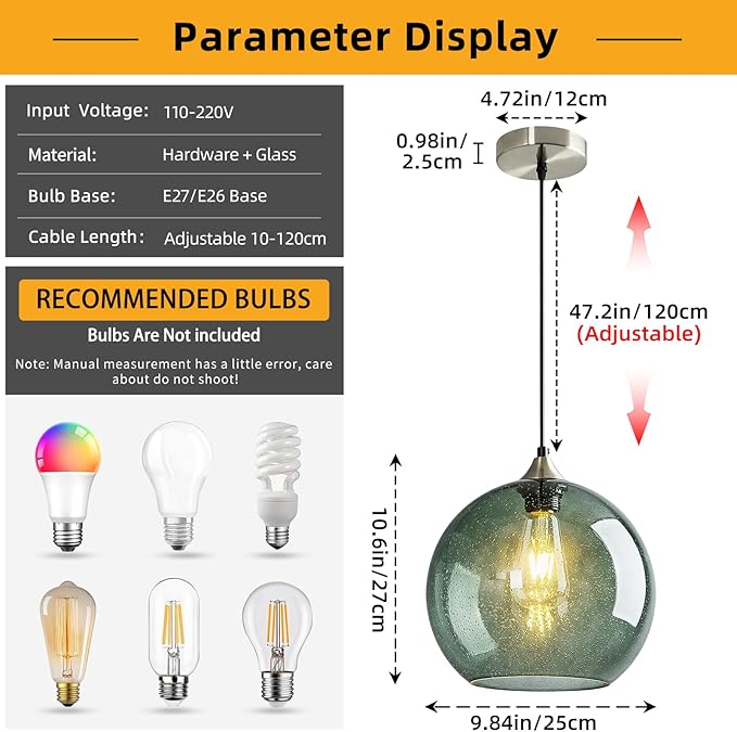 Mikeru Glass Globe Pendant Light Single, 9.85 Inch Gray Green Bubble Glass Hanging Lamp, Mid Century Modern Pendant Lighting for Kitchen Island Dining Room Bedroom (Bulb Not Included)