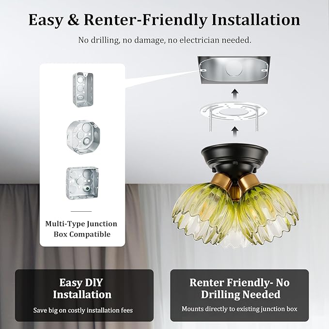 TALOYA Semi Flush Mount Ceiling Light,3-Light Close to Ceiling Light Fixtures with Green Tulip Glass Shades Modern Farmhouse Lighting Fixtures for Hallway Corridor Kitchen Bathroom Bedroom Passway