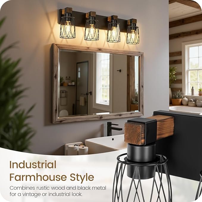 Industrial Farmhouse Bathroom Vanity Light, 4-Light Wood and Metal Wall Light Fixture, E26 Bulbs Not Included, for Bathroom, Vanity, Hallway, Black and Rustic Brown B20BD05