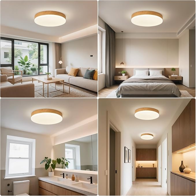 Modern Wood Grain Flush Mount Ceiling Light, 4000K 11.8 Inch Ceiling Light Fixtures, 24W 2200LM Round Ceiling Lamp for Bedroom Kitchen Hallway Laundry Room, Not Dimmable