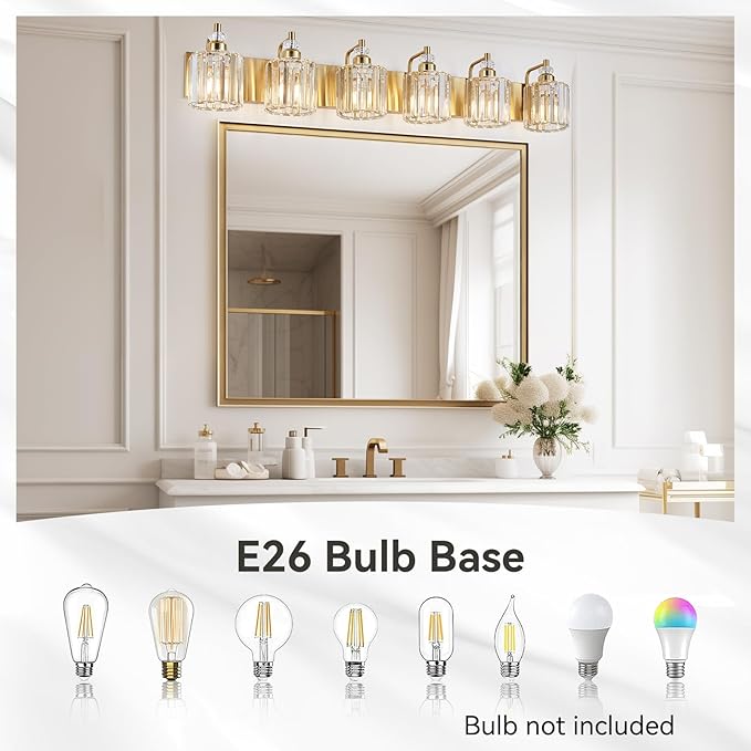 6-Light Modern Vanity Lights Brushed Brass Bathroom Light Fixtures Over Mirror Gold Bathroom Vanity Lighting with Crystal Shade E26 Base Wall Sconce for Bedroom Living Room Restroom Wall Lamp