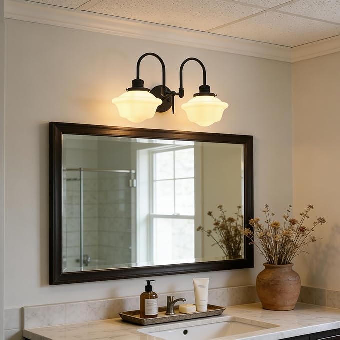Pathson Vintage Milk White Wall Sconces, 2-Lights Hardwired Glass Bathroom Vanity Light Double Metal Curved Arms, Wall Painting Sconce Lamps Decor for Mirror, Living Room, Loft, Stairwell, Foyer