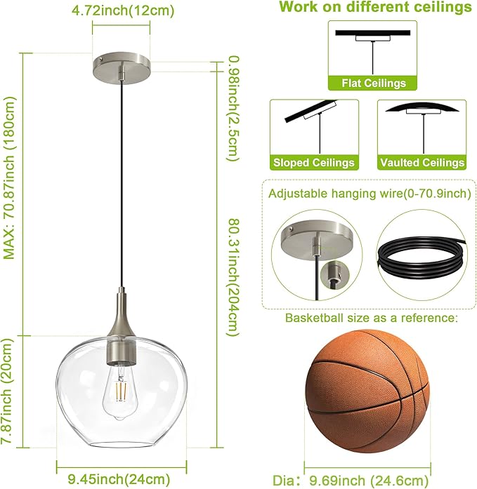 Glass Pendant Lights Kitchen Island, 9.45'' Brushed Nickel Pendant Lighting Fixtures, Modern Hanging Ceiling Light with Clear Glass Shade for Farmhouse Dining Room Bedroom Hallway(1 Pack)