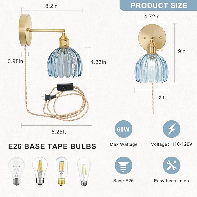 Plug in Wall Sconces Set of 2, Vintage Wall Sconce Light with Tulip Denim Blue Glass Lampshade, Bedroom Wall Sconce with Switch and Plug in wall lamp Cord, Gold Wall Light Wall Decor Set of 2