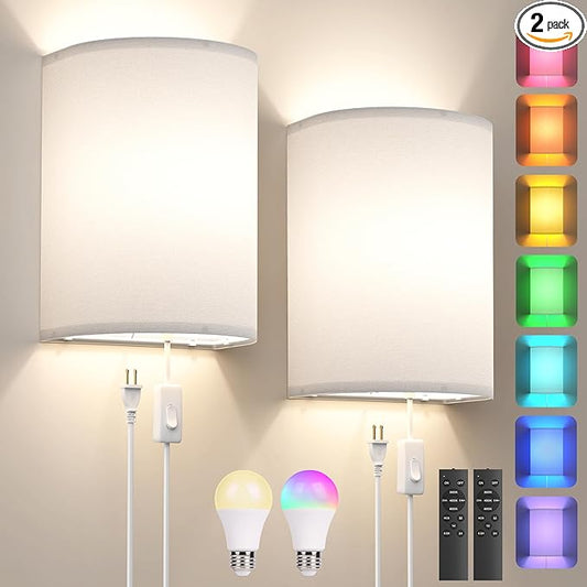 Plug in Wall Sconces Set of Two: Wall Lights with 7 RGB Colors - 3 Color Temperature Wall Mount Lamps with Remote - Fabric Linen Wall Sconc for Bedroom Living Room & Hallway- Indoor Corded Wall Sconce