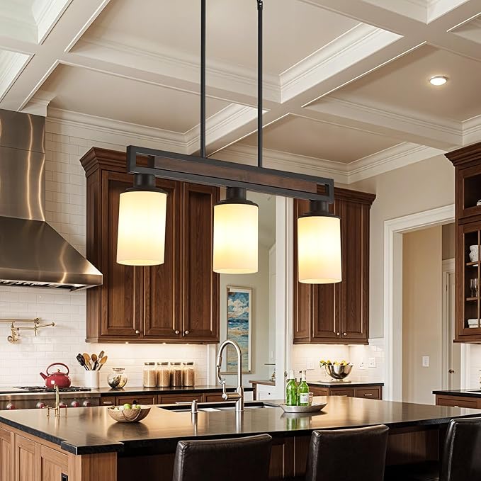 Farmhouse Dining Room Light Fixture, 3-Light Wood Kitchen Island Lighting for Dining Room Over Table, Black Adjustable Pendant Light with Milk Glass Shades, Linear Chandeliers Lighting for Kitchen