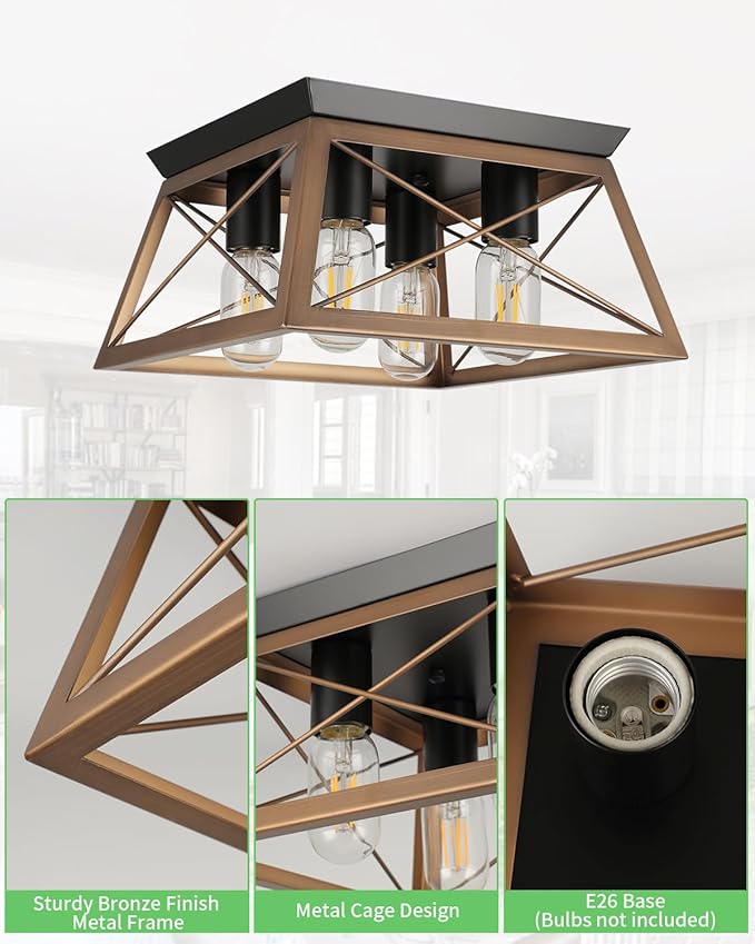 Farmhouse 4-Light Bronze Flush Mount Rustic Kitchen Ceiling Lights, Industrial Dining Room Bedroom Hallway Entryway Foyer Light Fixtures