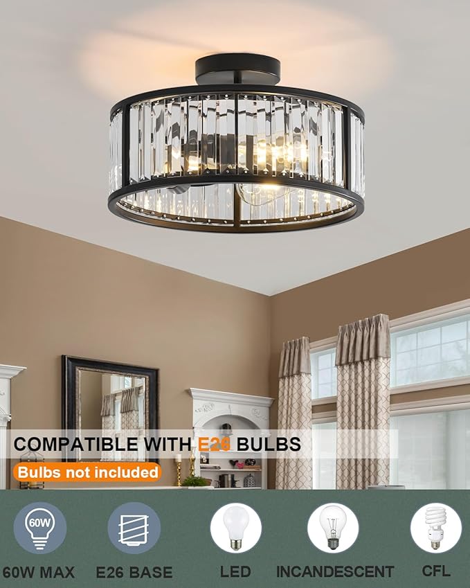 Black Flush Mount Ceiling Light, Caged Crystal Chandelier, Drum Hallway Light fixtures Ceiling Mount (14 INCH Black)