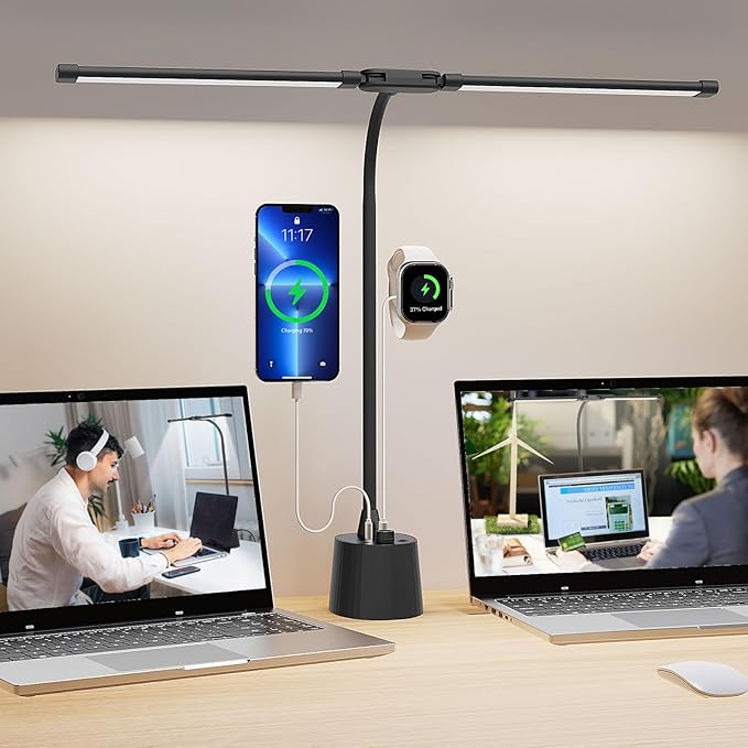 Woputne Desk Lamp, Dual Head, Smart USB A+C Charging Port, 5 Color Modes Dimmable, 2600 Lumens 12W Wide-Angle Lighting Table Lamp, 49cm Height for Bedside Reading, Office, Study, Crafts, Draw