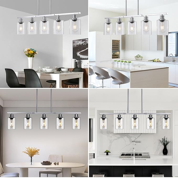 39.4" Kitchen Island Lighting, 5 Lights Clear Glass Pendant Light Fixtue, Chrome Linear Metal Chandelier for Dining&Living Room Foyer,Height Adjustable,E26 Socket