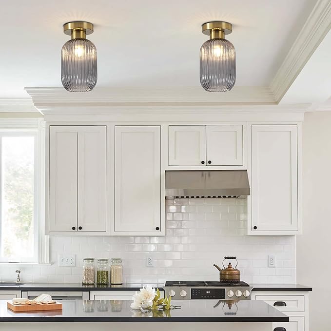 BOKT Vintage Close to Ceiling Light Fixture Gold Semi Flush Mount Ceiling Light Fixture with Smoke Grey Stripe Glass Modern Indoor Hanging Light for Kitchen Living Room Hallway