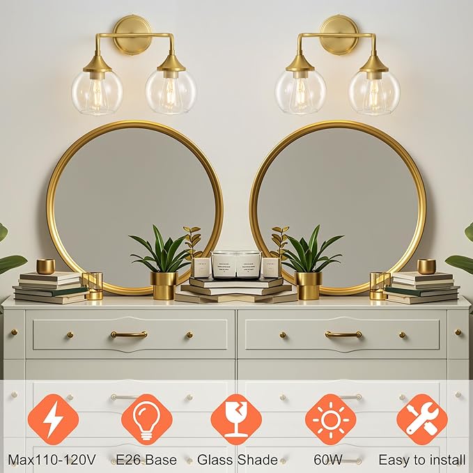 Gold Bathroom Vanity Light with Clear Glass Shade, E26 Base, 2-Light Bathroom Light Fixtures Over Mirror, 14 Inch Vanity Lights for Bathroom (Exclude E26 Bulb)