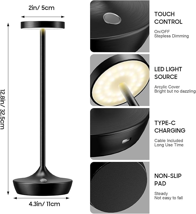 Cordless Table Lamp Rechargeable - 6000mAh LED Battery Operated Table Light - Portable Touch Dimmable Outdoor Waterproof Table Lamps for Patio Restaurant Dining (Black)
