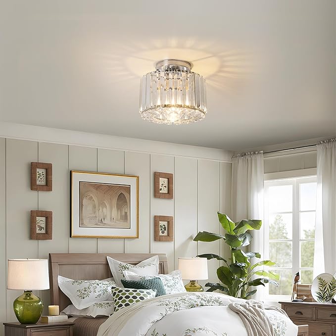 Crystal Ceiling Light, Semi Flush Mount Ceiling Light Silver Crystal Chandelier for Bedroom Kitchen Hallway Entrance Balcony Dining Rooms Living Rooms Bar