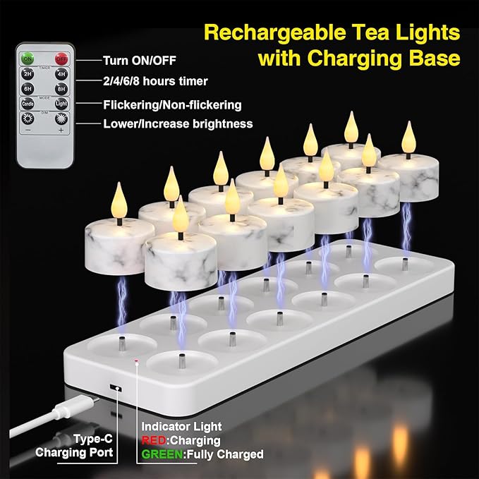 Flameless Tea Lights Candles with Charging Station,White Marble Pattern,LED Tea Lights Candles with Remote Control Timer for Valentine's Day,Centerpiece Table Decorations,Anniversary,Home Decor,12Pack