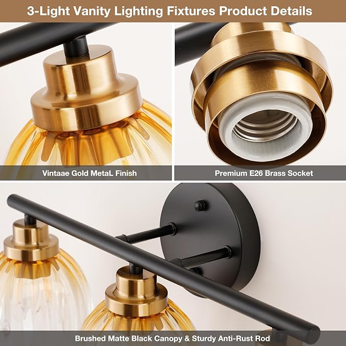 TALOYA Bathroom Vanity Light Fixtures, 3-Light Modern Black and Gold Wall Lights Over Mirror with Gradient Amber Tulip Glass Shades Bathroom Wall Lamp for Mirror, Living Room,Hallway, Farmhouse