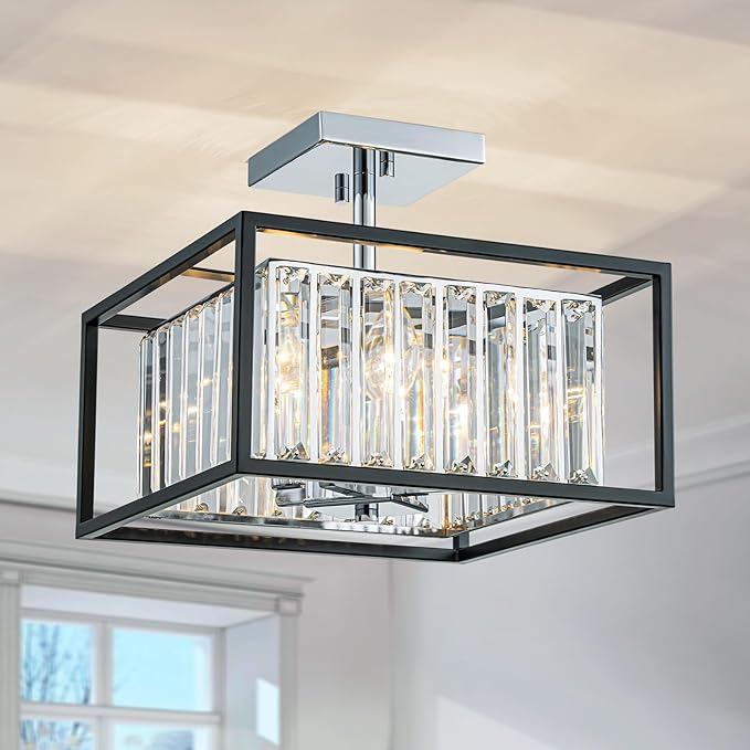 LumFurn 4-Light K9 Crystal Ceiling Light, 2-Tier Square Semi-Flushmount Light Fixture for Living Room, Foyer, Bedroom, L12 x W12 x H10inch, Clear Crystal & Black & Chrome Finish