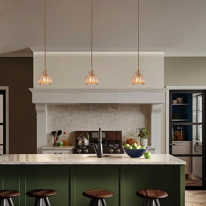 Shenmoyl Pendant Light with Amber Tulip Glass Lmapshade, Brass Vintage Pendant Light Adjustable Hanging Light for Kitchen Island Dining Room Hallway