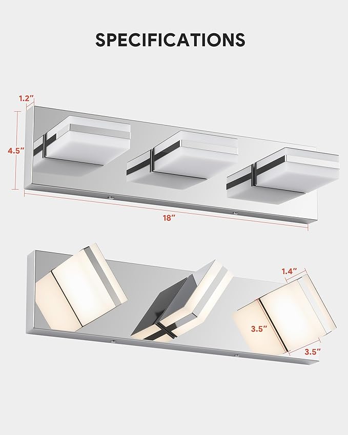 VONLUCE Bathroom Vanity Light Fixture, 3-Light Modern LED Vanity Lights, 3CCT Adjustable Bathroom Light with Memory Function Rotatable Shades, 18" Wall Lighting Fixture Over Mirror, Chrome