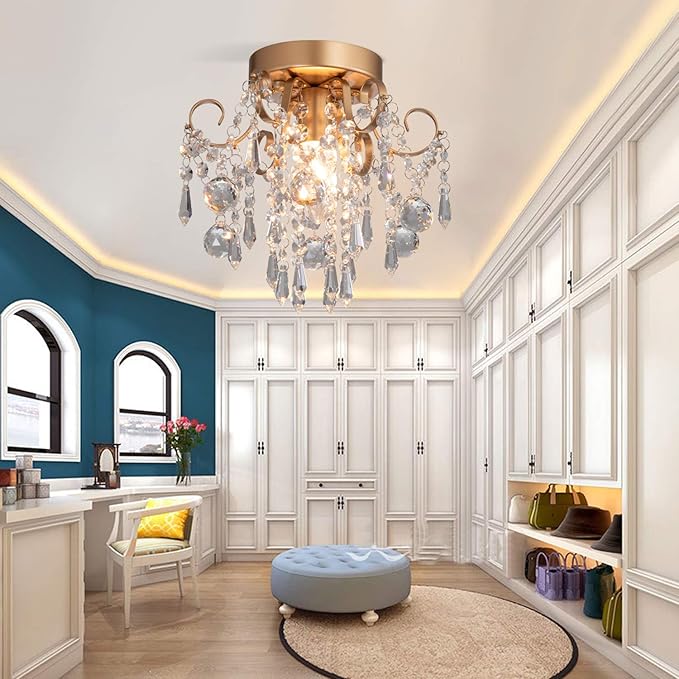 Q&S Mini Chandelier Crystal Ceiling Light,Small Flush Mount Gold Light Fixture for Entryway Bedroom Barthroom Hallway Closet E26