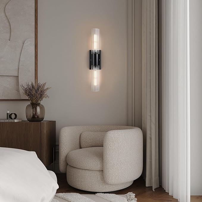21" Bathroom Vanity Sconces Set of 2, Black Hardwired Wall Sconces Set of Two with Threaded Glass Shade, Modern Up Down Wall Decor Set of 2 for Bathroom Living Room Bedroom Hallway-Bulb Not Included ﻿
