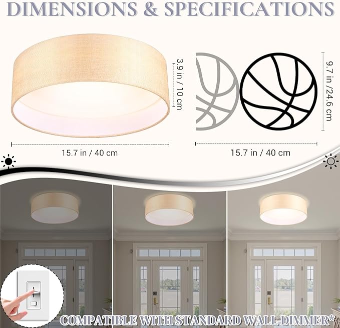 Hamilyeah 16 inch LED Flush Mount Ceiling Light, 36W 5CCT Dimmable Gold Fabric Drum Light Fixture Ceiling Mount, Modern Ceiling Lamp for Bedroom, Kitchen, Bathroom, Living Room, Hallway