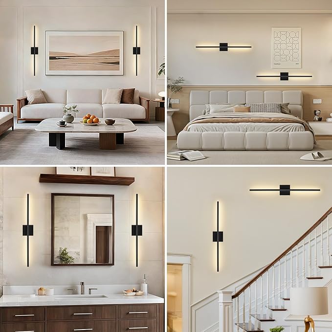 Battery Operated Wall Sconces Set of Two - Wireless Rechargeable Wall Light with Remote - Black LED Wall Lamp Dimmable Modern Home Decor for Bedroom Living Room 31.5 Inch (2 Pack)