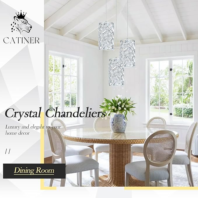 CATINER 3-Light Modern Crystal Pendant Light, Chrome Mini Chandelier – Adjustable Cluster Pendant Lighting Fixture for Kitchen Island, Dining Room, Bedroom, Hallway, Porch