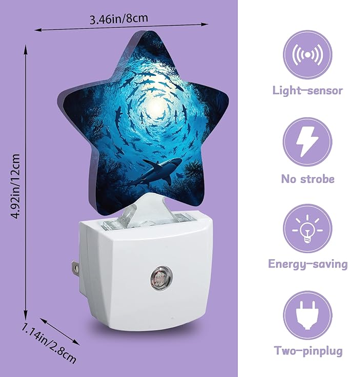 Large Sharks Night Lights Plug Into Wall,Underwater Vortex Dusk to Dawn Light Sensor Night Light for Kids,Energy Efficient Sleep Friendly Lamp for Bedroom Bathroom Nursery