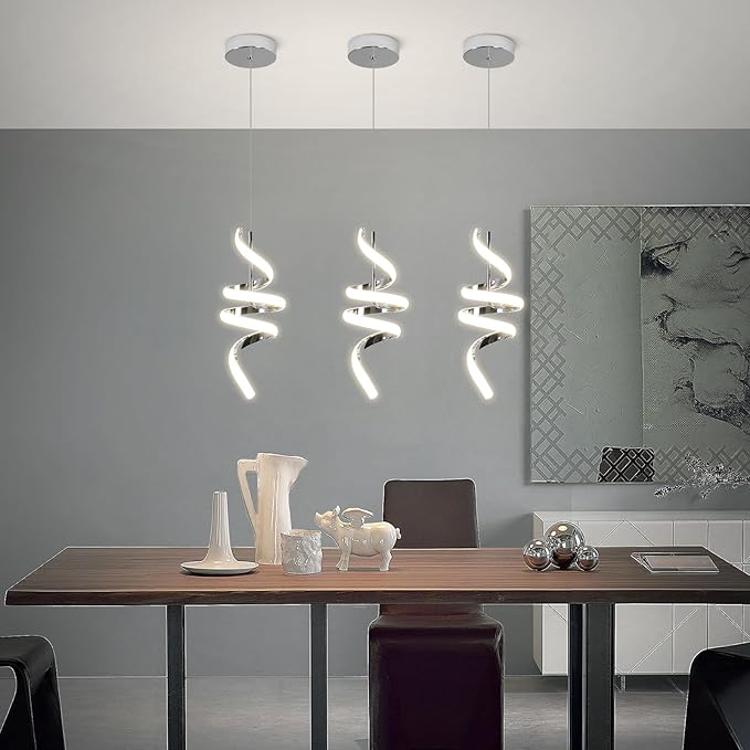 4000K Modern Pendant Light, 15IN Spiral LED Pendant Lights Adjustable Height Black Kitchen Island Fixtures Chandeliers for Dining Room Hanging Lights, 1 Pack (Chrome,4000K, Hardwired,2PACKS)