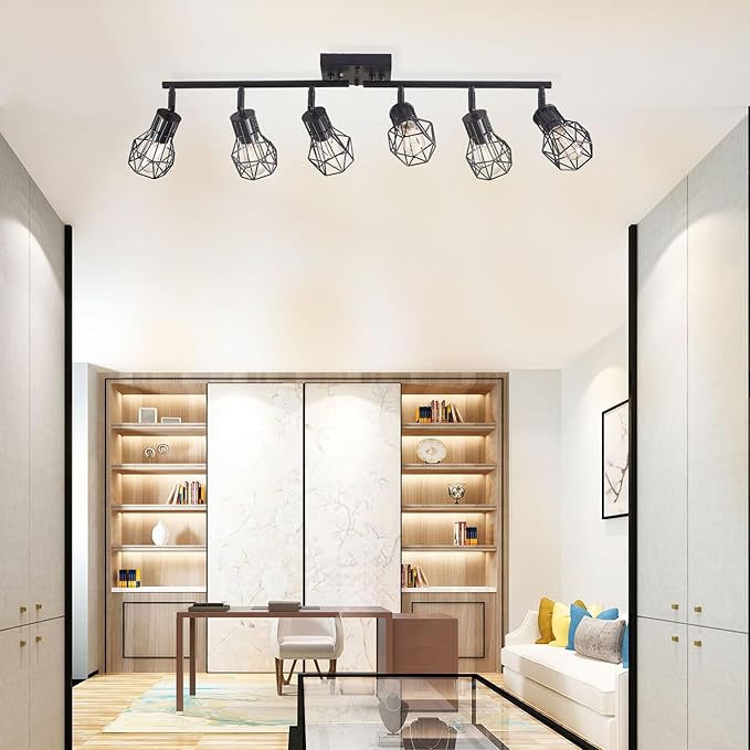 Black Track Lighting Fixtures Ceiling,6-Light Farmhouse Track Lighting with Metal Cage Design – Kitchen Lights Ceiling Mount for Kitchen, Living Room, Dining Room (E26 Base)