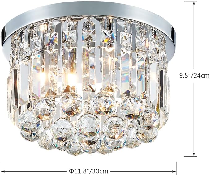 AGV LIGHTING 16061 K9 Crystal Flush Mount Ceiling Light Fixture, Close to Ceiling, Modern Design, 3-Lights, Perfect for Foyer, Living Room, D12 x H10, Chrome Finish