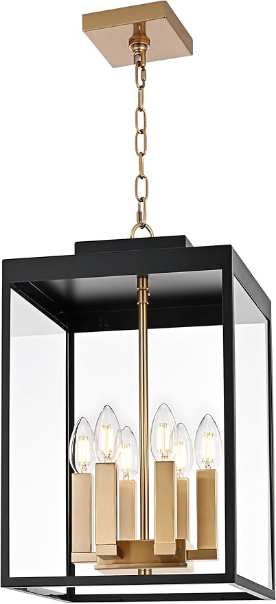 MELUCEE Large Outdoor Pendant Light Fixtures 6-Light Hanging Porch Lights Ceiling Mount 16'' Lantern Pendant Lights Black Brass Outside Chandelier with Clear Glass for Porch Patio Gazebo Entrance