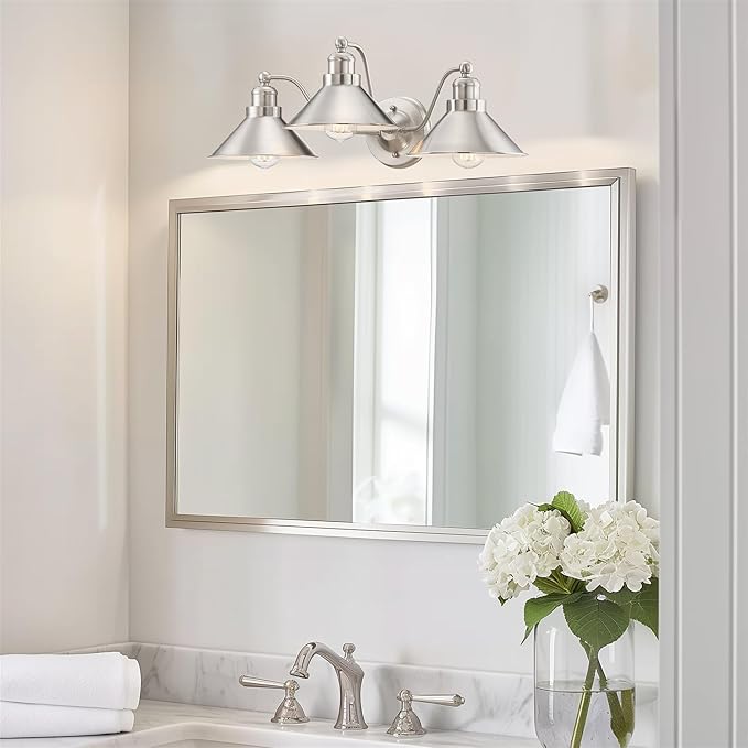 Kira Home Welton 25.5" 3-Light Modern Farmhouse Vanity Light with Funnel Shades, Industrial Silver Wall Sconce Bathroom Light, Brushed Nickel Finish