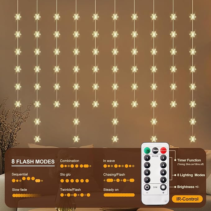 Snowflake Curtain Lights, Warm White Window Lights 70 Snowflakes Hanging Light with Remote Fairy Led Twinkle String Lights Home Bedroom Wall Décor for Christmas, Wedding, Party, Birthday