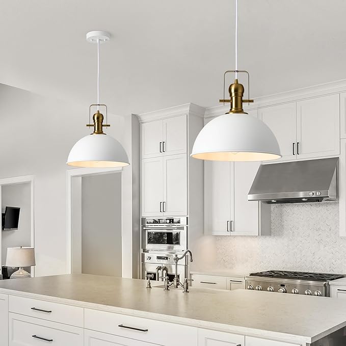 12 Inch Sandy White Farmhouse Pendant Lights for Kitchen Island Industrial Adjustable Height Vintage Dome Hanging Light Fixtures for Barn,Dining Room 2 Packs
